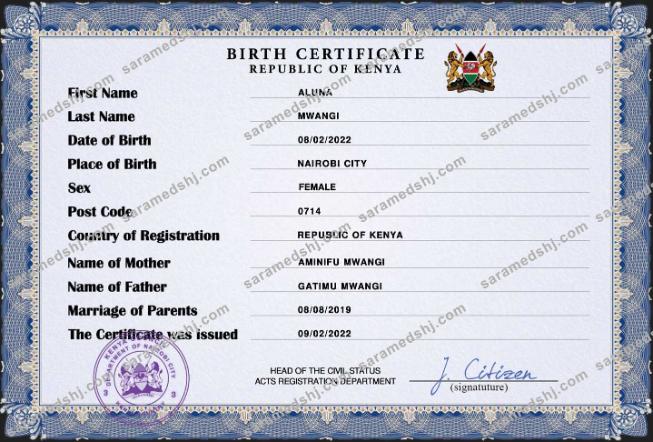 Kenya vital record birth certificate PSD template